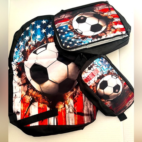SCOROTEC BACKPACK SET (AMERICAN FLAG SOCCER) INCLUDES LUNCH BOX & PENCIL CASE. - Picture 1 of 5